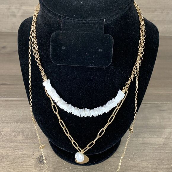 Womens 3 Layered Gold Tone Link Chain Charm Droplet Pendant Necklace Puka Shell - Picture 4 of 6